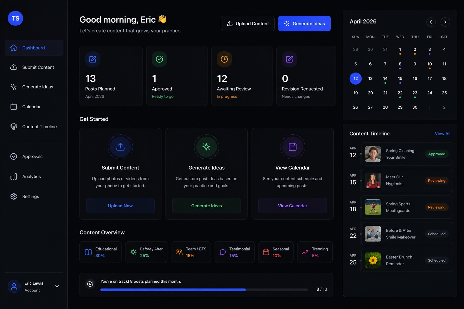 Dark dashboard interface for a social media platform designed for dental practices