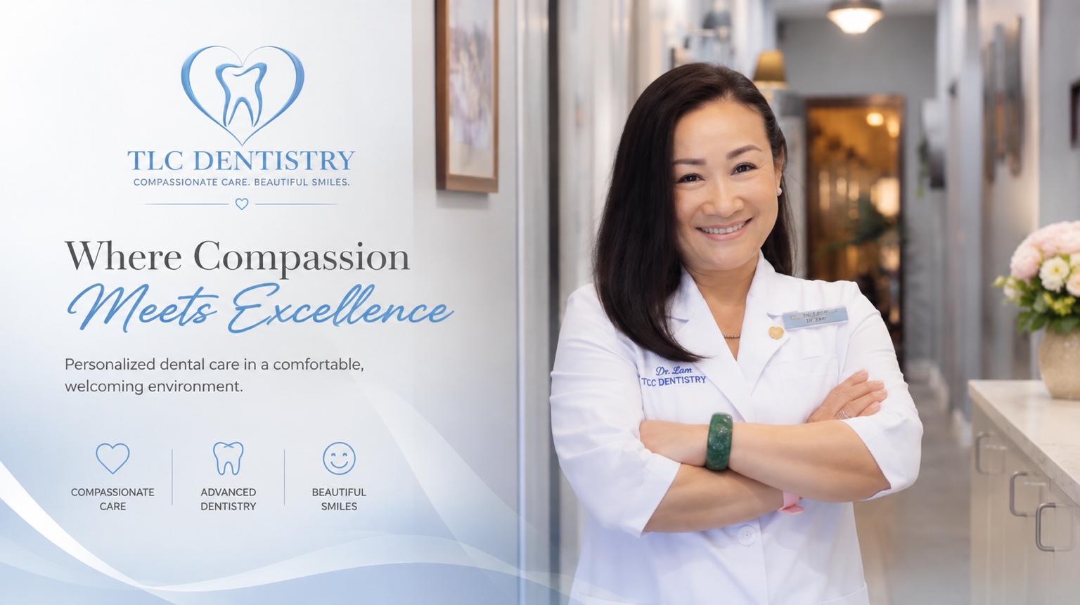 TLC Dentistry rebrand featuring the practice owner and refreshed visual identity
